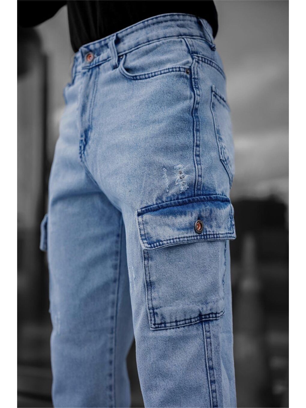Mavi Prf 011 Yıpratmalı Komando Baggy Fit Jean Kargo Pantolon-3