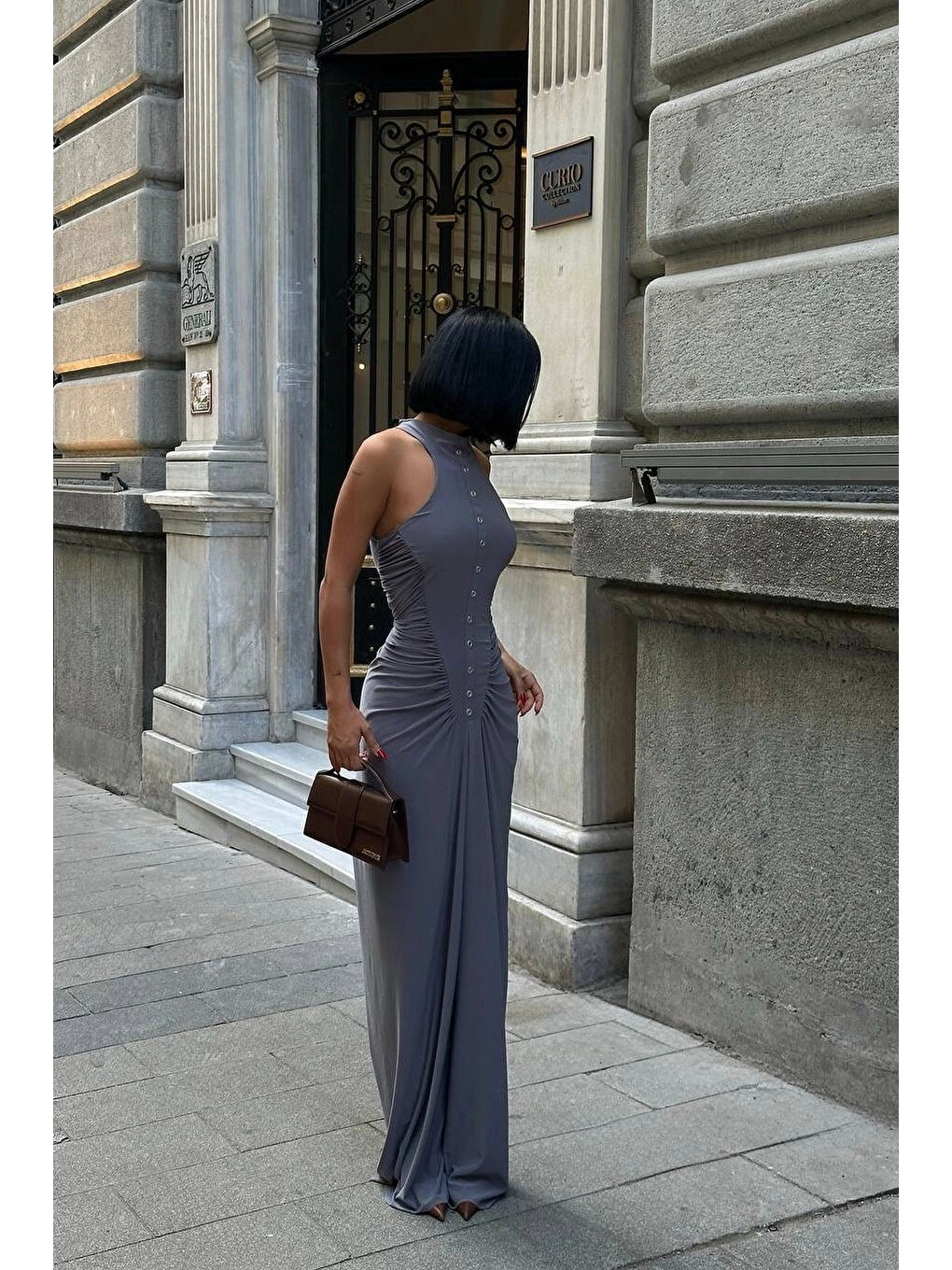 Kadın Gri Büzgü Detay Düğmeli Elbise 1026-1754-4