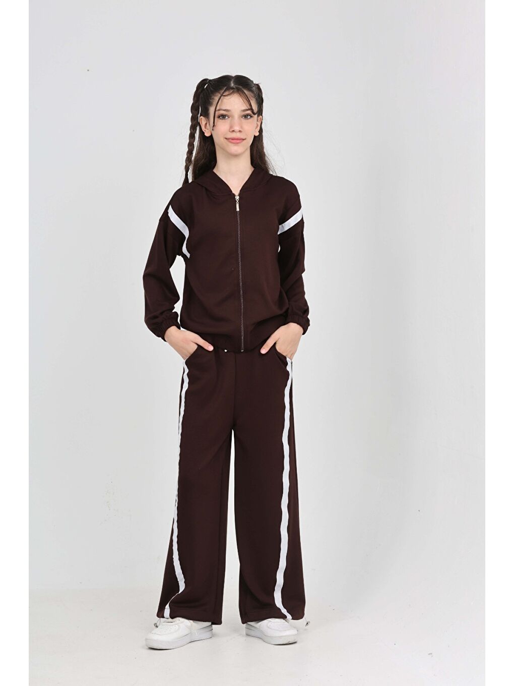 Kahverengi Kız Çocuk Şerit Detaylı Eşofman Takım-2