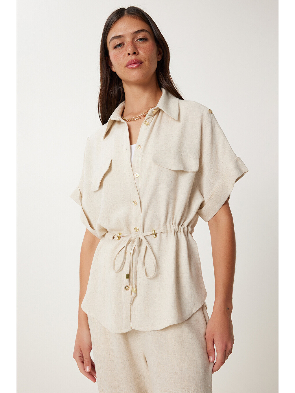 Ekru Keten Ceket Pantolon Takım KREM LDP0057-2