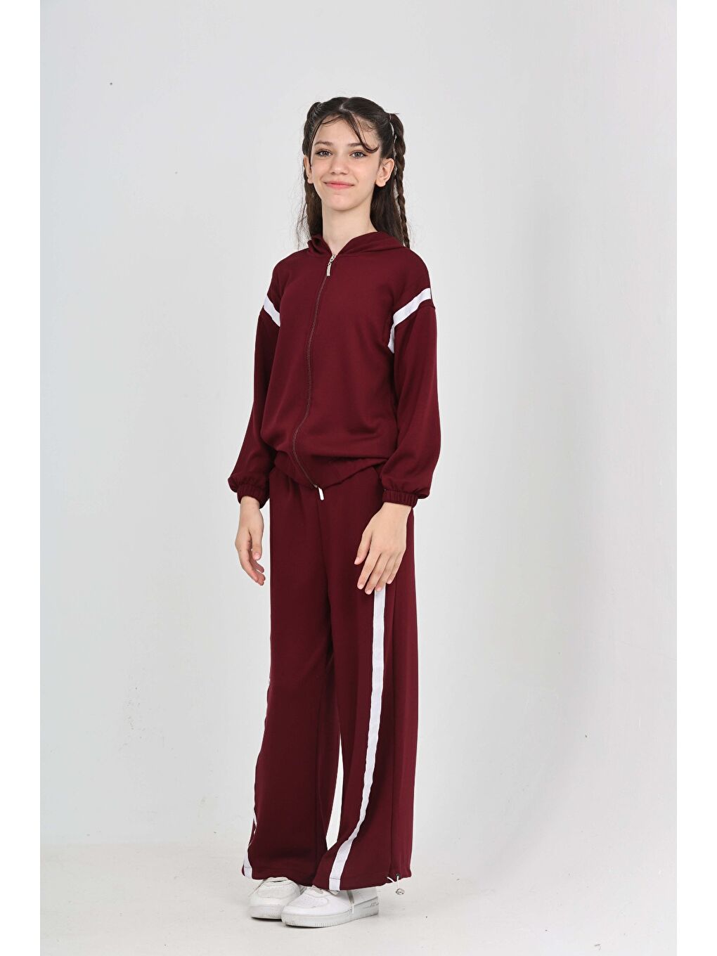Bordo Kız Çocuk Şerit Detaylı Eşofman Takım-3