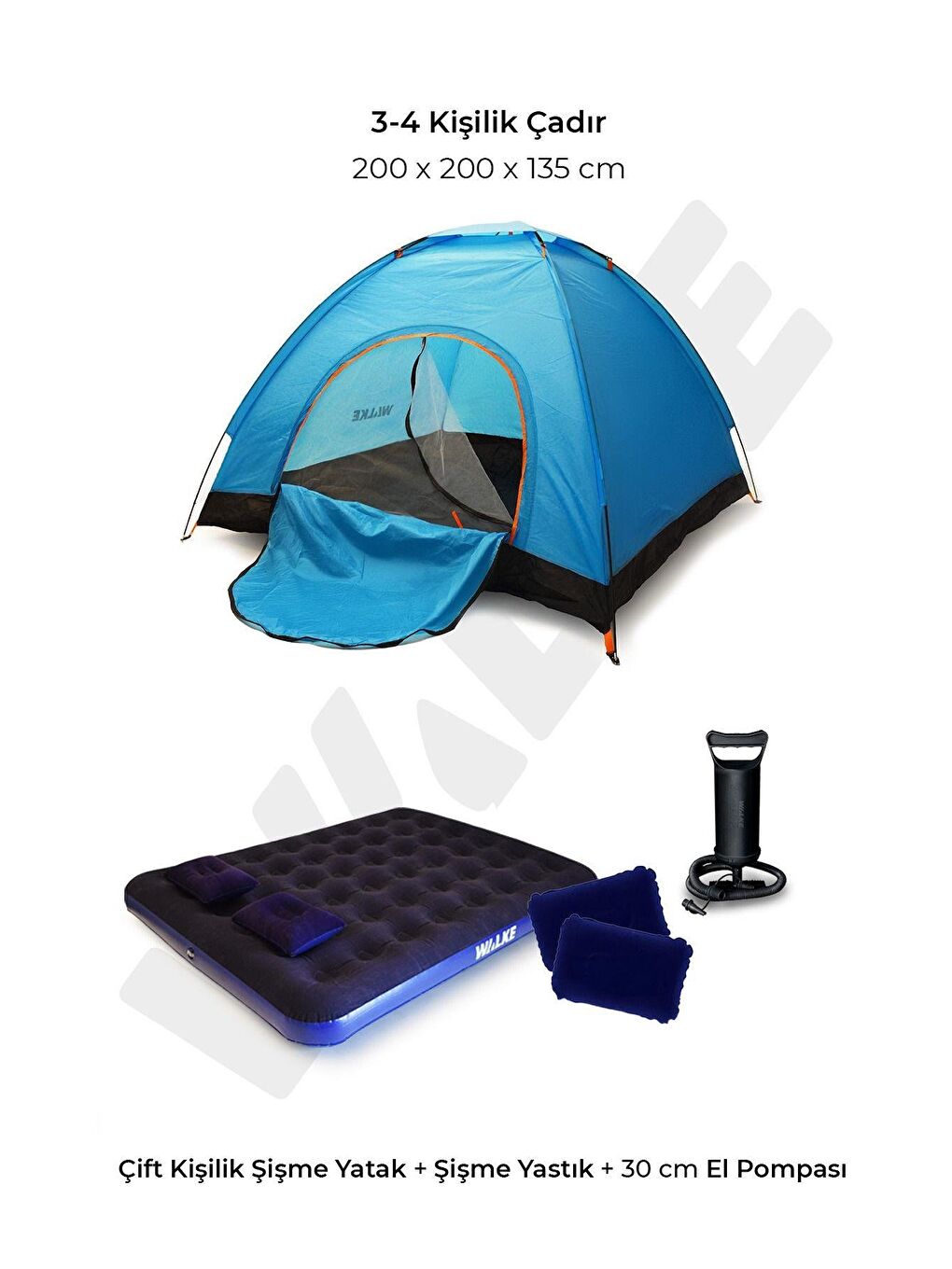 Mavi 4 kişilik Kamp Çadırı + Çift Kişilik Yatak + 2 Yastık + 1 Pompa