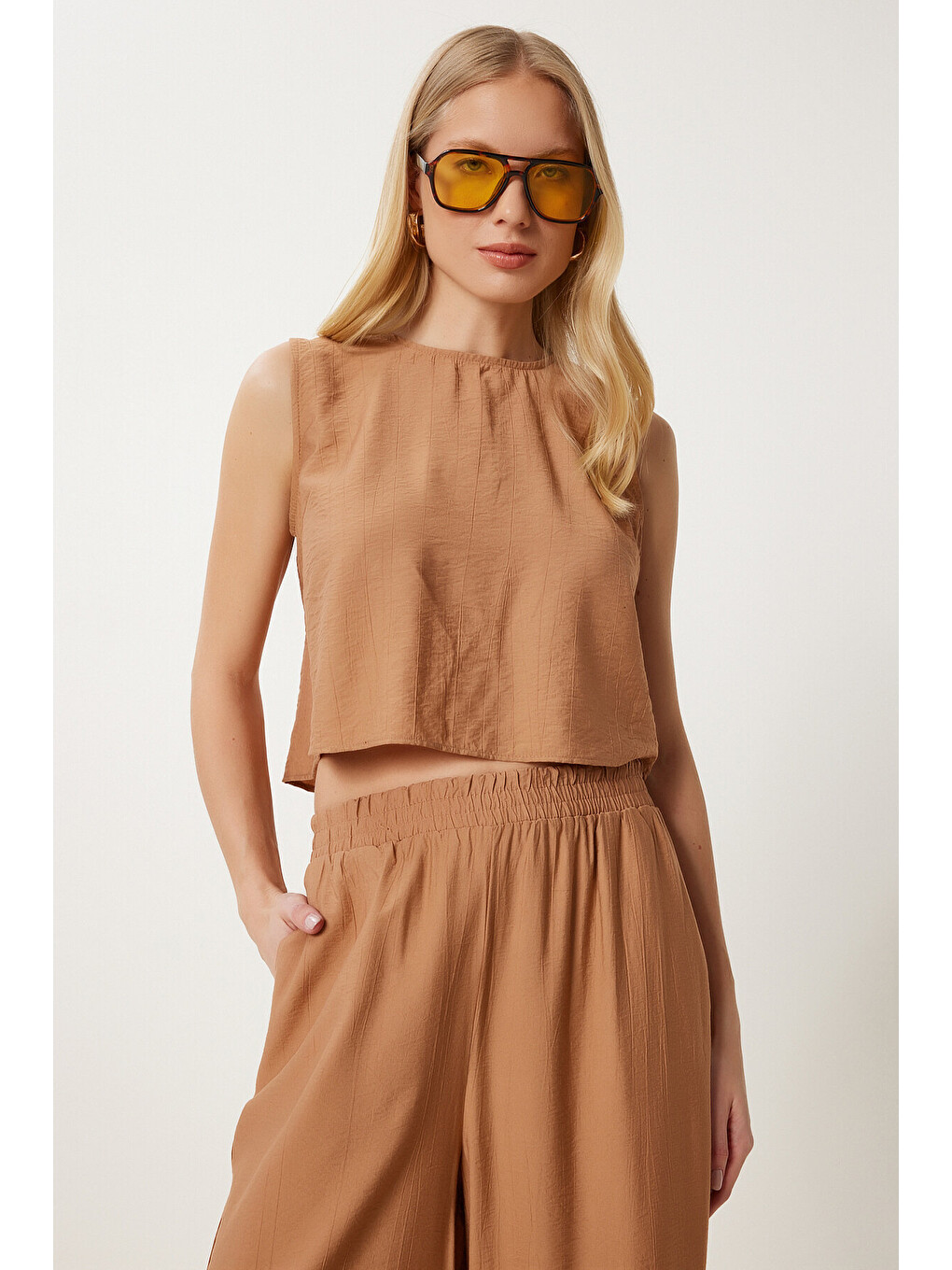 Kahverengi Bağlama Detaylı Bluz Pantolon Takım CAMEL LRV0104-1