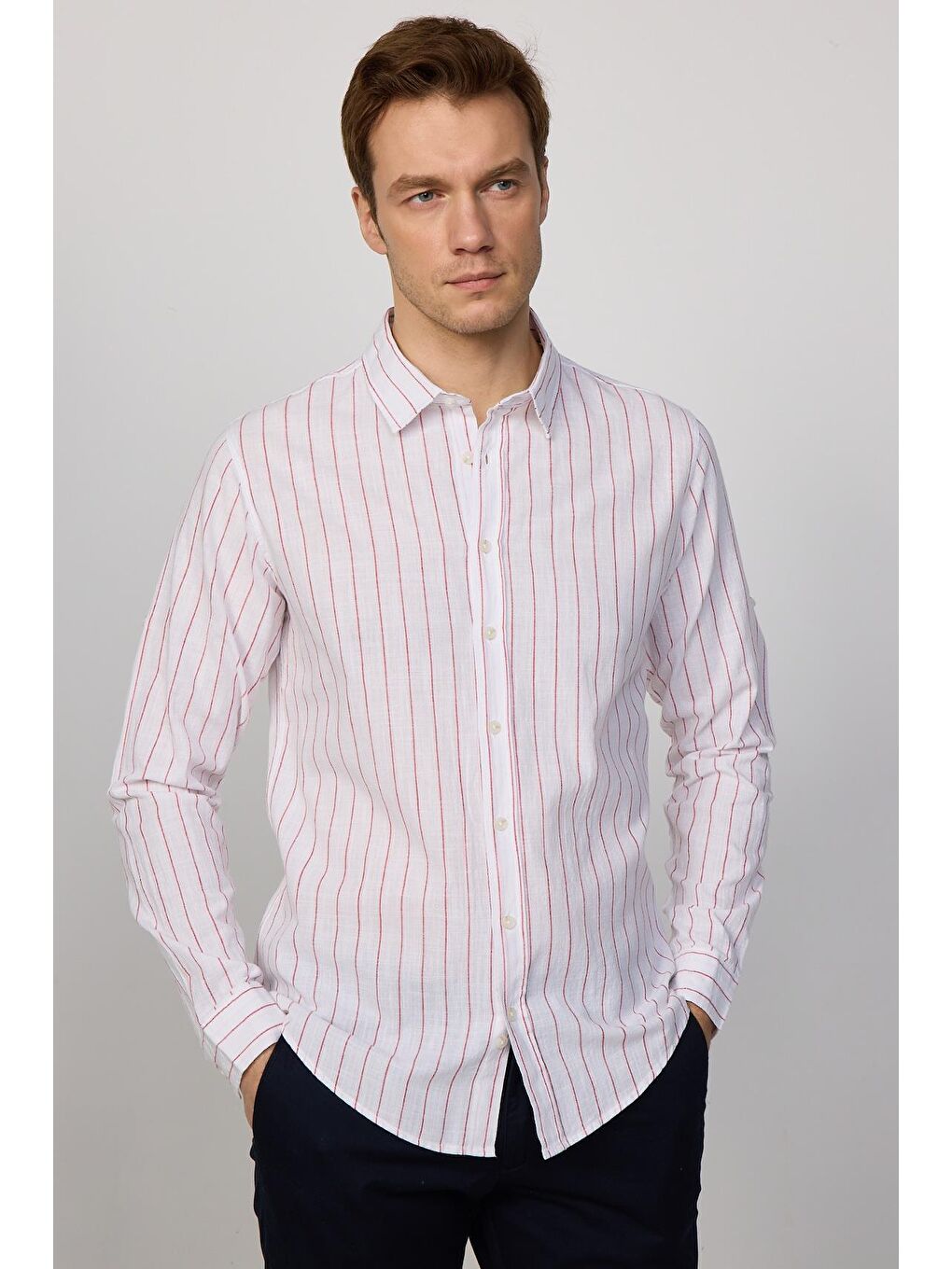 Karışık Slim Fit Uzun Kollu Dar Kalıp Çizgili Yazlık Keten Doku Erkek Gömlek