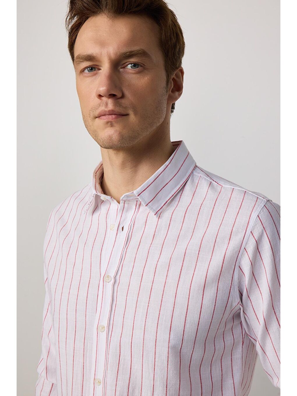 Karışık Slim Fit Uzun Kollu Dar Kalıp Çizgili Yazlık Keten Doku Erkek Gömlek-1