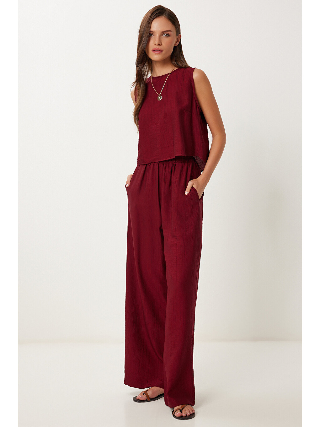 Bordo Bağlama Detaylı Bluz Pantolon Takım BORDO LRV0104-1