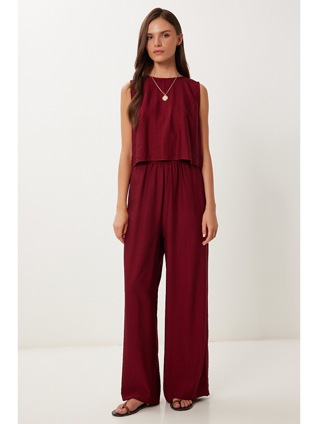 Bordo Bağlama Detaylı Bluz Pantolon Takım BORDO LRV0104-2
