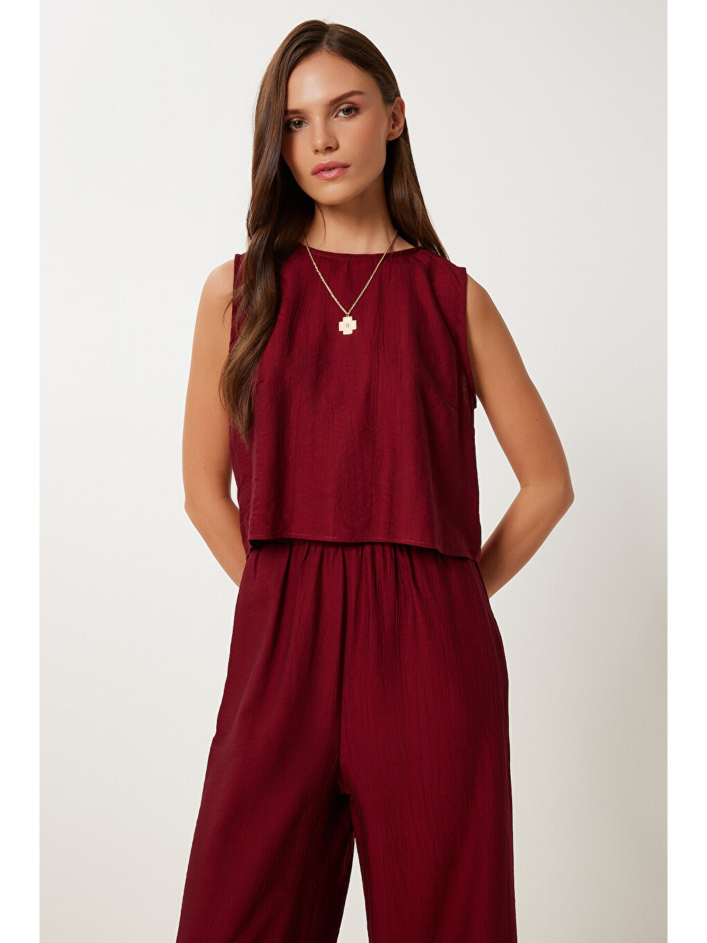 Bordo Bağlama Detaylı Bluz Pantolon Takım BORDO LRV0104-3