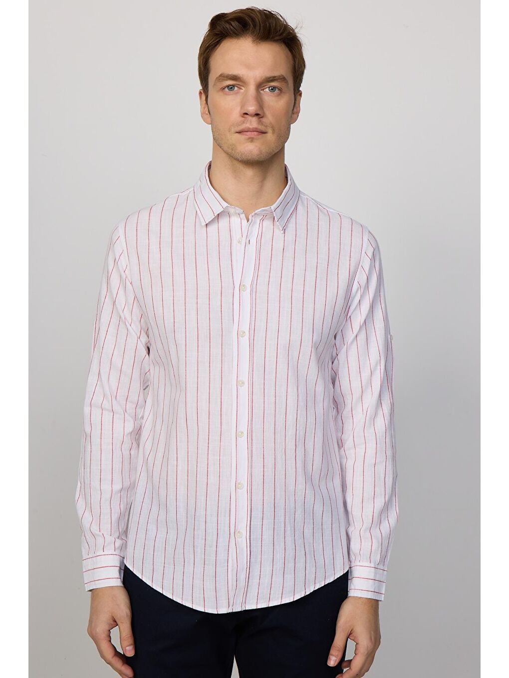 Karışık Slim Fit Uzun Kollu Dar Kalıp Çizgili Yazlık Keten Doku Erkek Gömlek-2