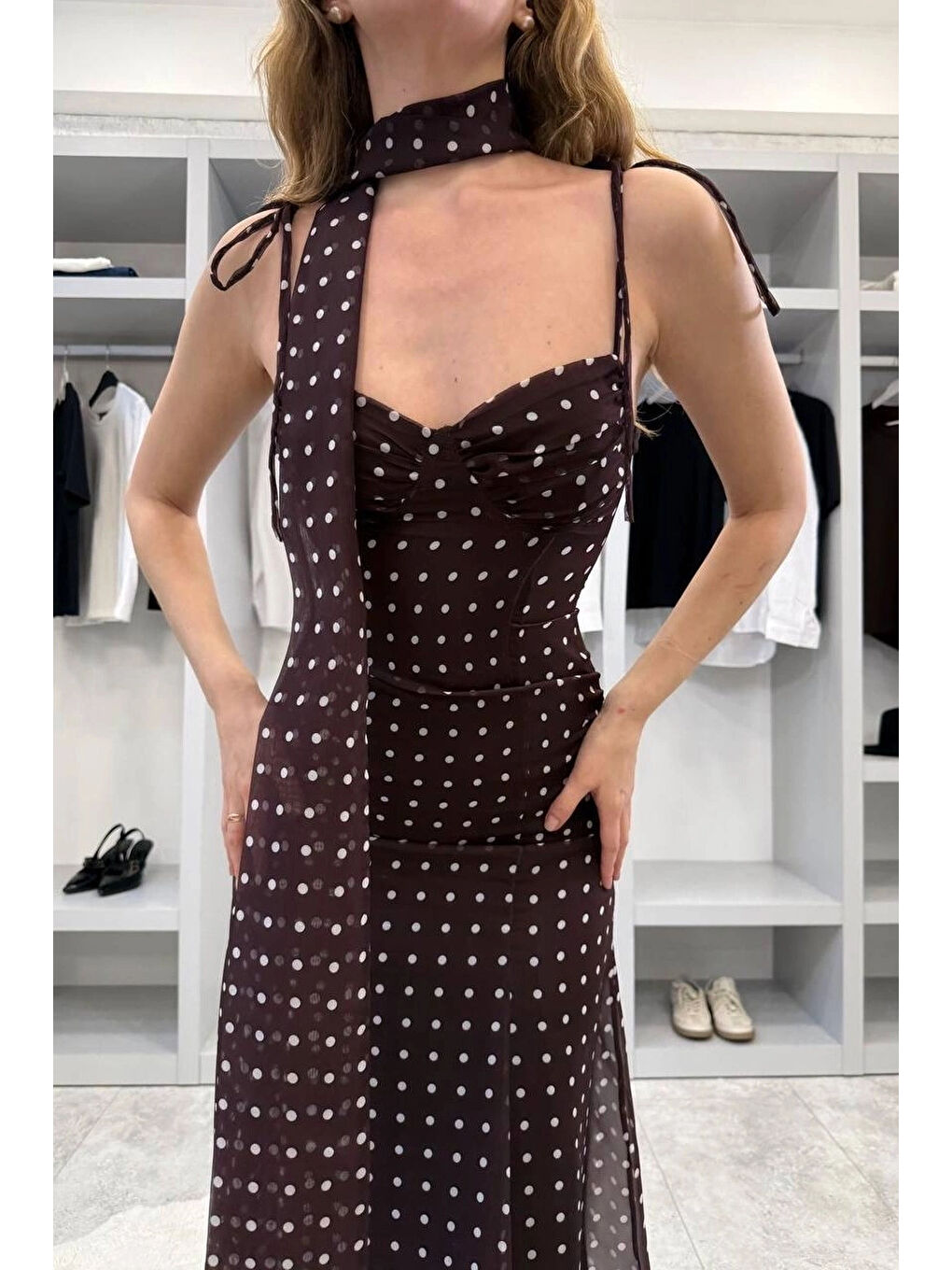 Karışık Kadın Kahve Şal Detaylı Puantiyeli Elbise 1041-2777