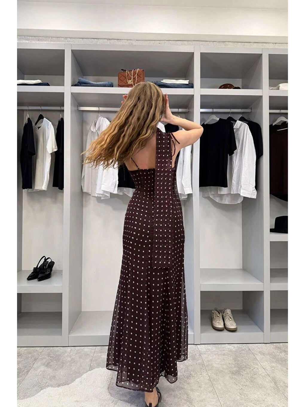 Karışık Kadın Kahve Şal Detaylı Puantiyeli Elbise 1041-2777-1