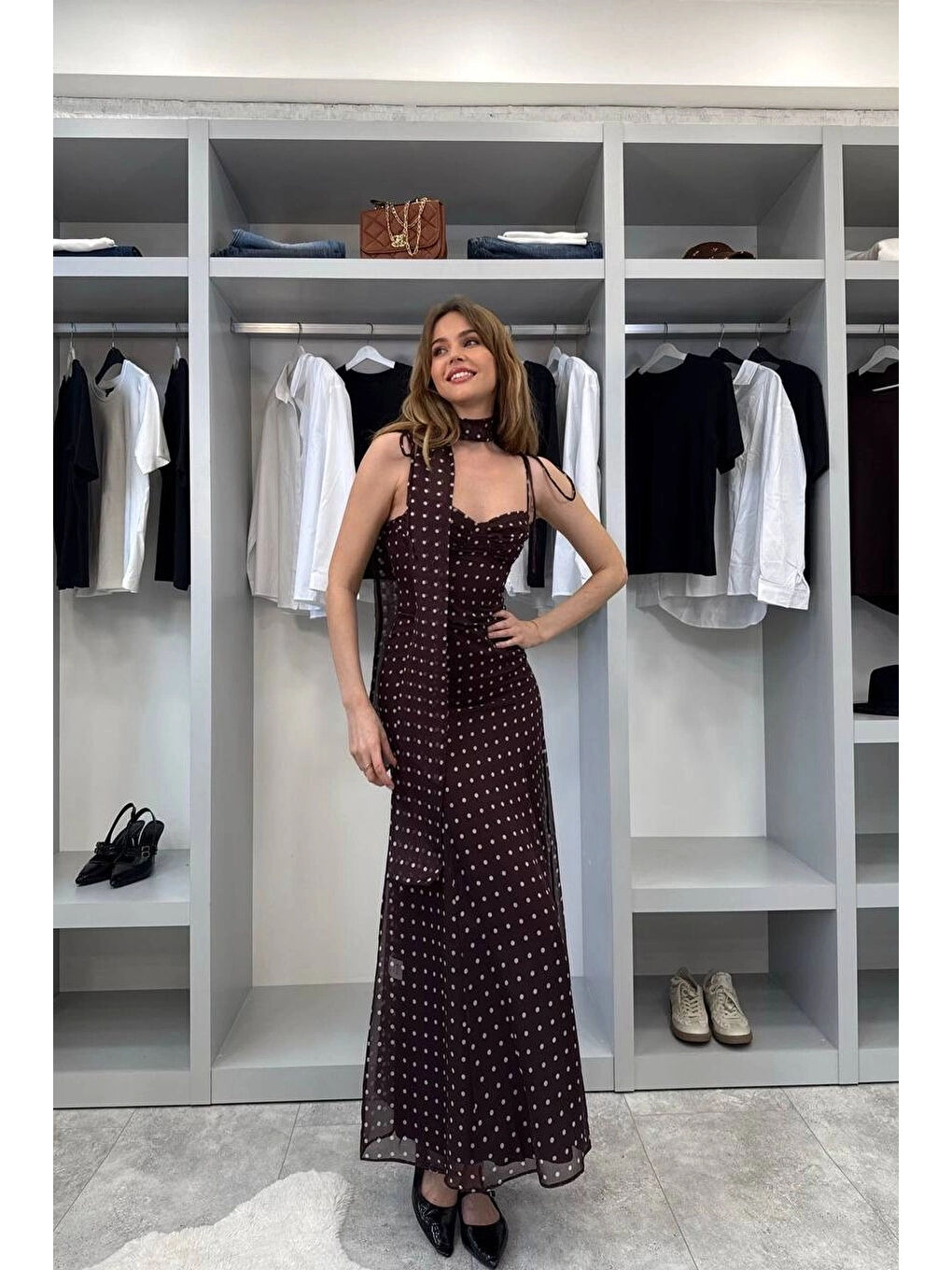 Karışık Kadın Kahve Şal Detaylı Puantiyeli Elbise 1041-2777-2