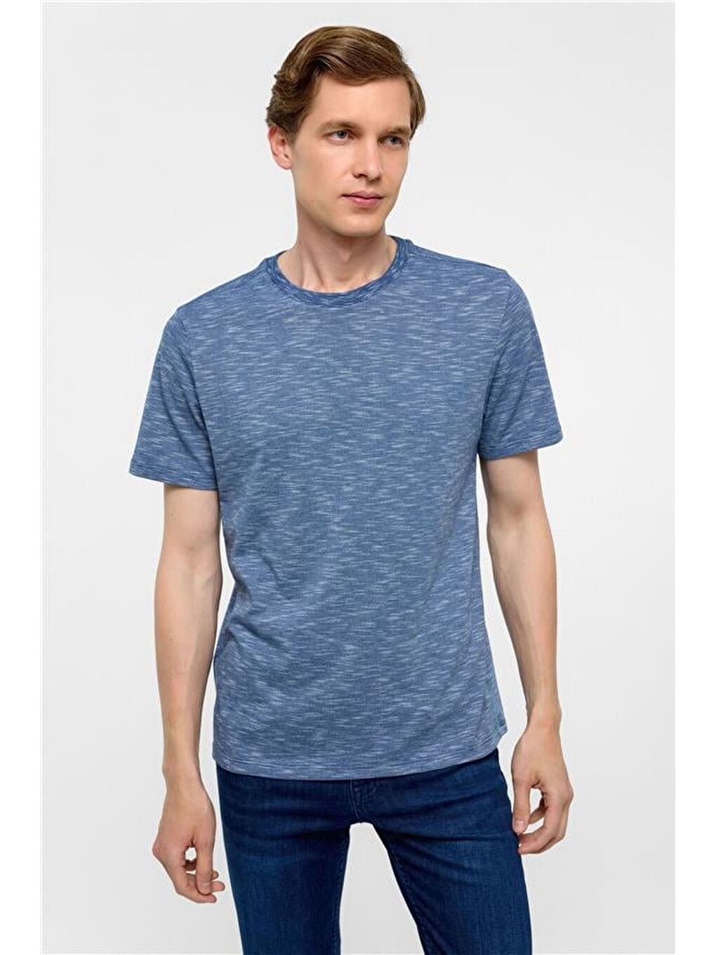 Saks Mavi Regular Armürlü Bisiklet Yaka Tişört-1