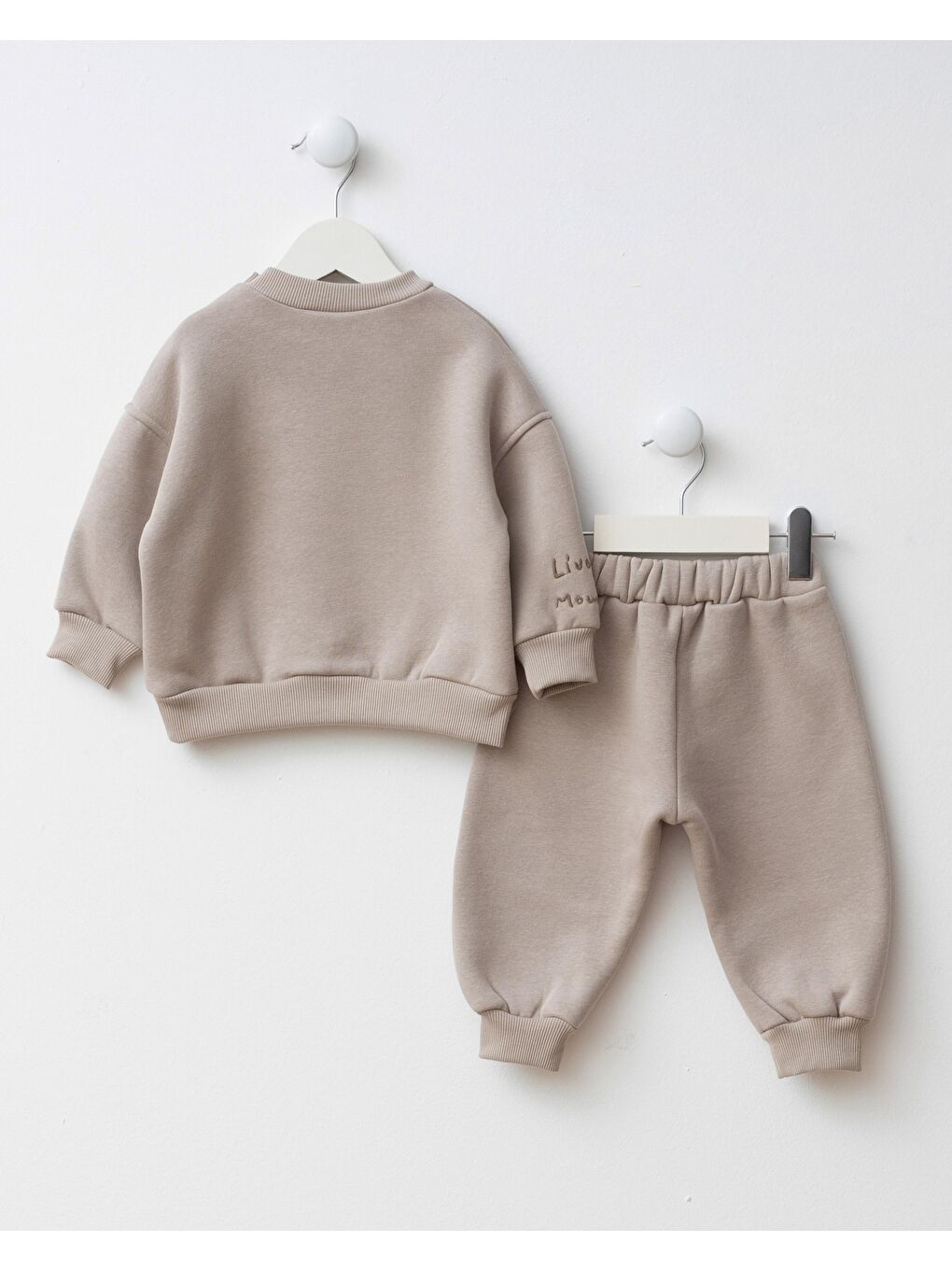 Erkek Bebek Pamuklu Bej Düğme Detaylı Sweatshirt Eşofman Takımı - Rahat Günlük Giyim-1