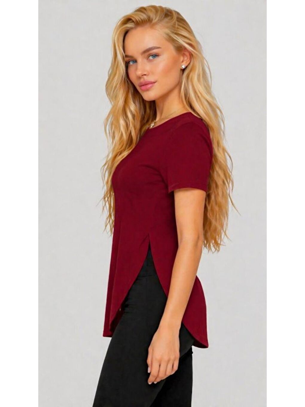 Bordo Kadın Yırtmaç Detaylı Viskon Kumaş Bluz-2