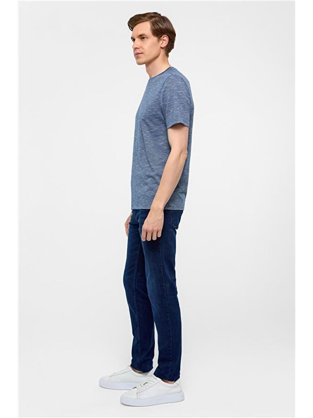 Saks Mavi Regular Armürlü Bisiklet Yaka Tişört-6