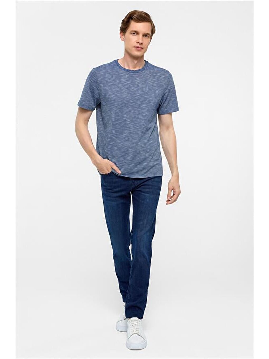 Saks Mavi Regular Armürlü Bisiklet Yaka Tişört-7