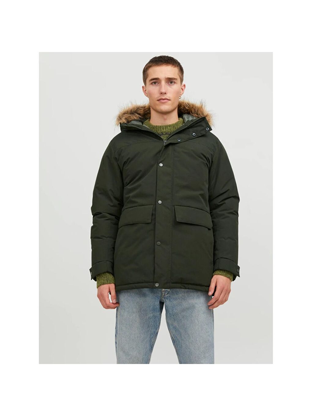 Jack & Jones Champ Faux Fur Erkek Yeşil Kapüşonlu Mont