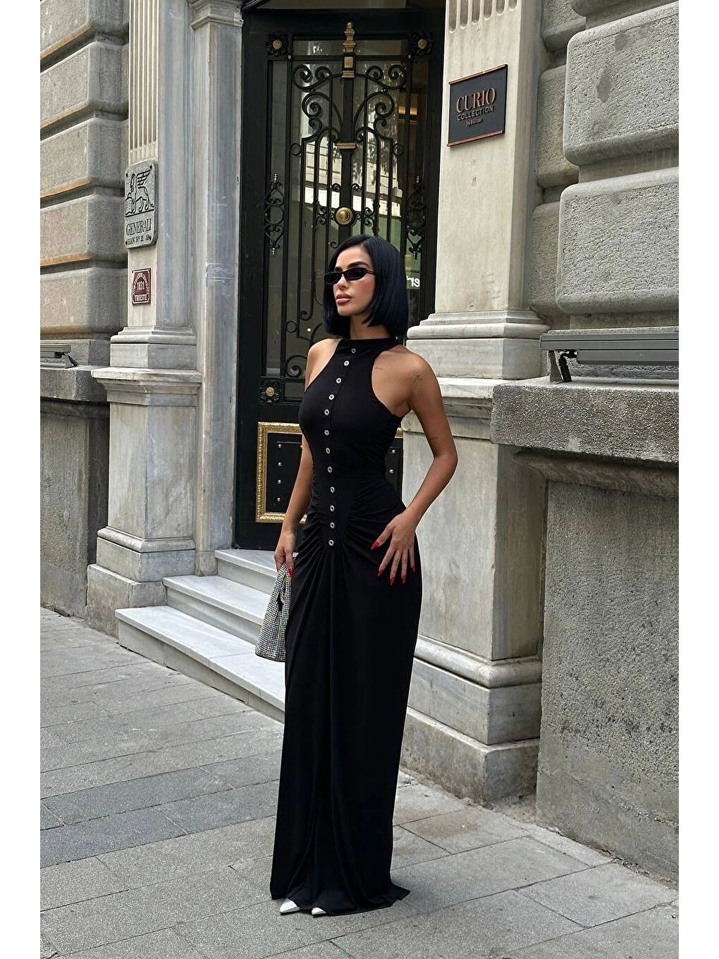 Beyaz Kadın Siyah Büzgü Detay Düğmeli Elbise 1026-1754-1