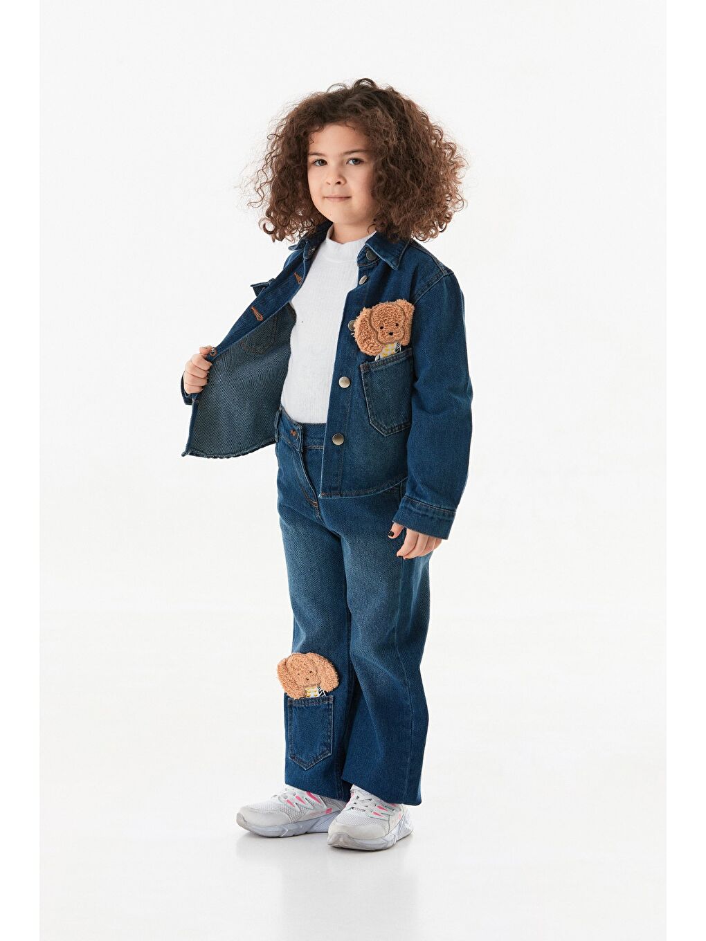 Mavi %100 Pamuklu Köpek Nakışlı Kız Çocuk Gömlek-1