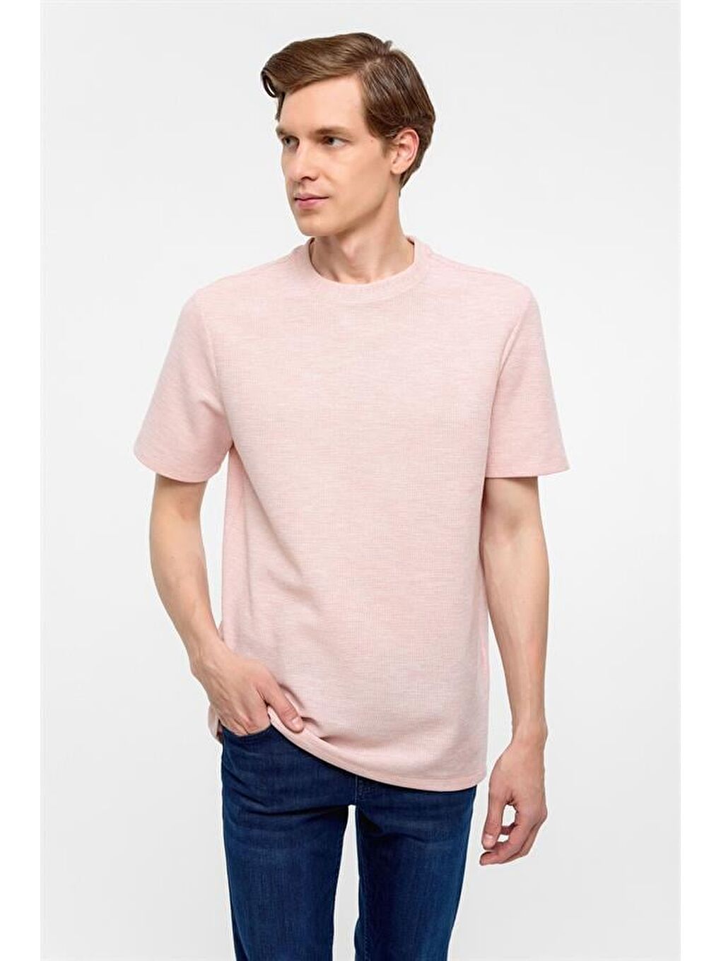 Koyu Pembe Regular Armürlü Bisiklet Yaka Tişört-2