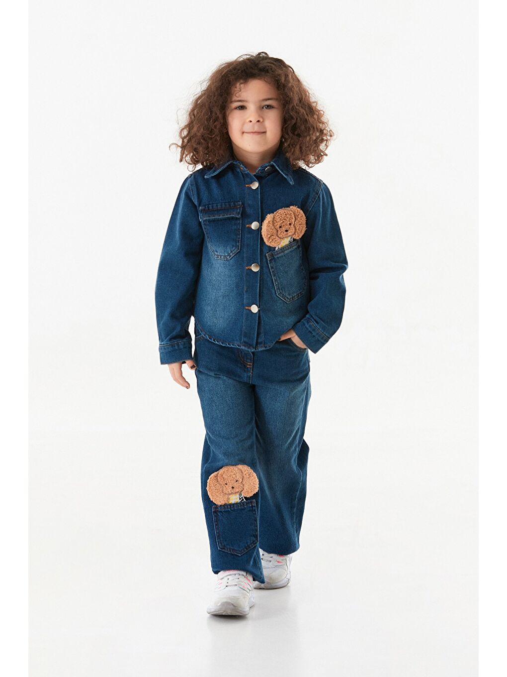 Mavi %100 Pamuklu Köpek Nakışlı Kız Çocuk Gömlek-3