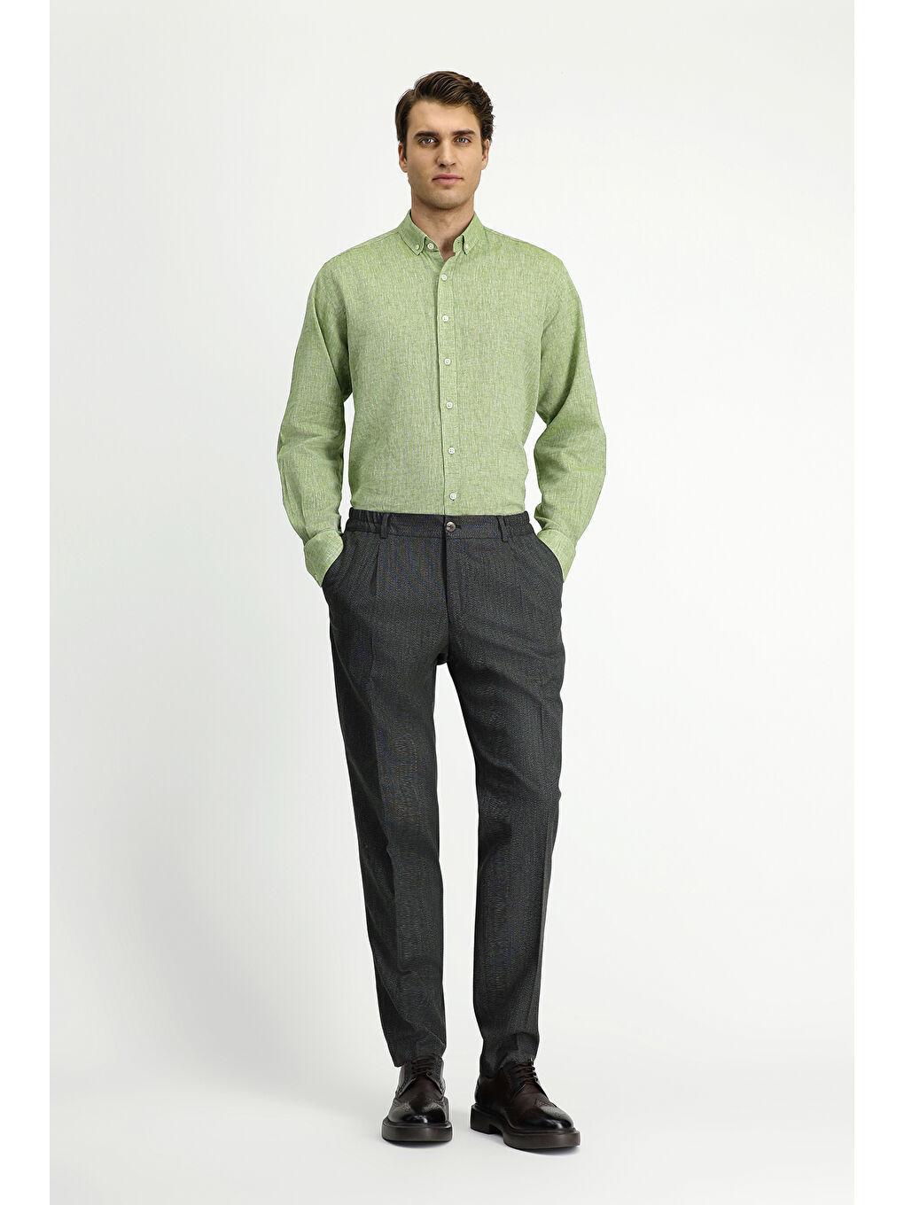 Haki Super Slim Fit Ekstra Dar Kesim Beli Lastikli Elastanlı Klasik Kumaş Pantolon