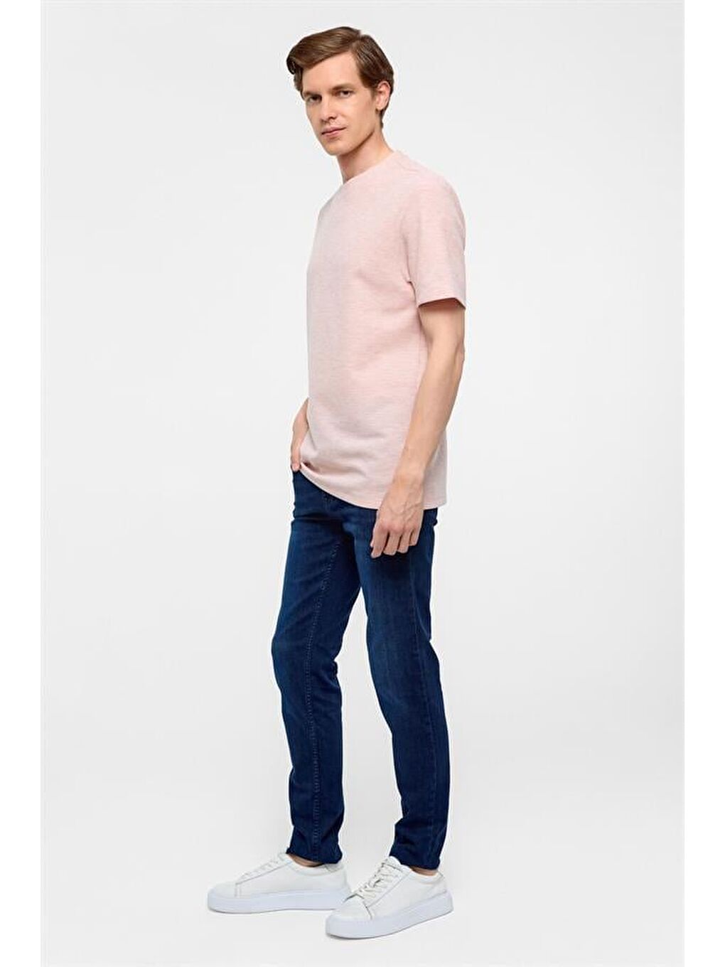 Koyu Pembe Regular Armürlü Bisiklet Yaka Tişört-6