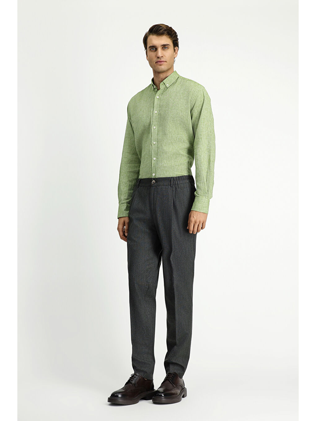 Haki Super Slim Fit Ekstra Dar Kesim Beli Lastikli Elastanlı Klasik Kumaş Pantolon-1