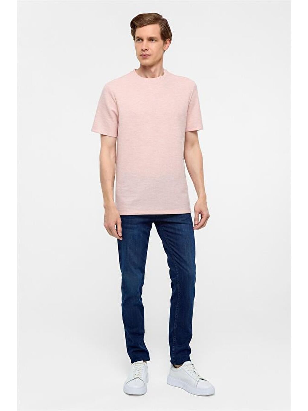 Koyu Pembe Regular Armürlü Bisiklet Yaka Tişört-7