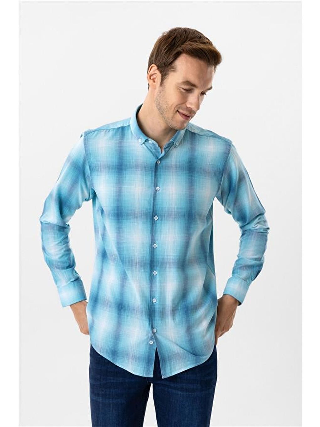 Turkuaz Slim Desenli Düğmeli Yaka Gömlek-1