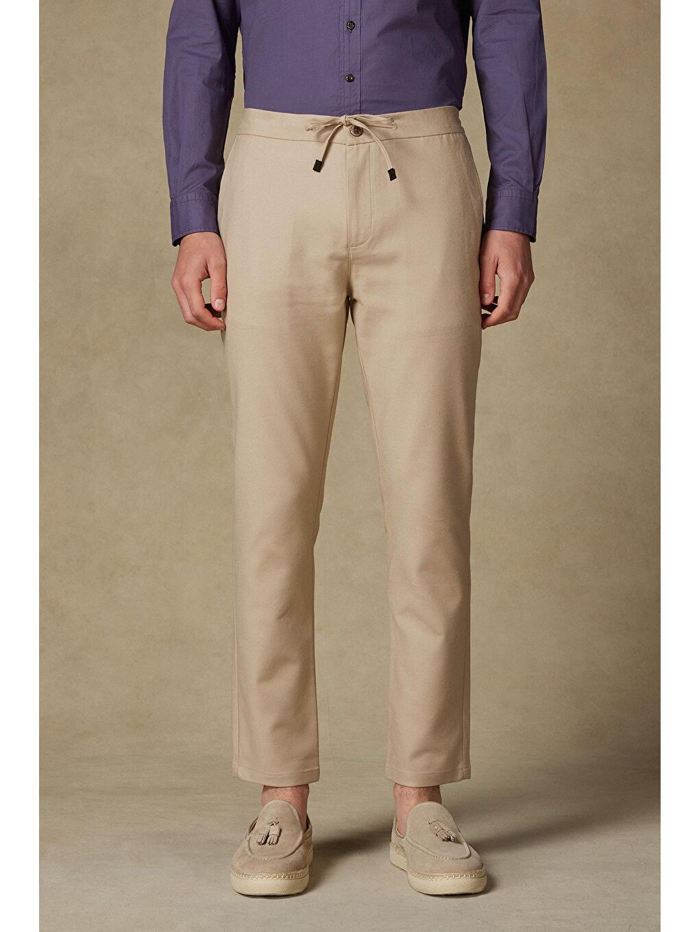 Ekru Soft Dokuma Pamuk Karışımlı Tailored Fit Krem Erkek Düz Pantolon