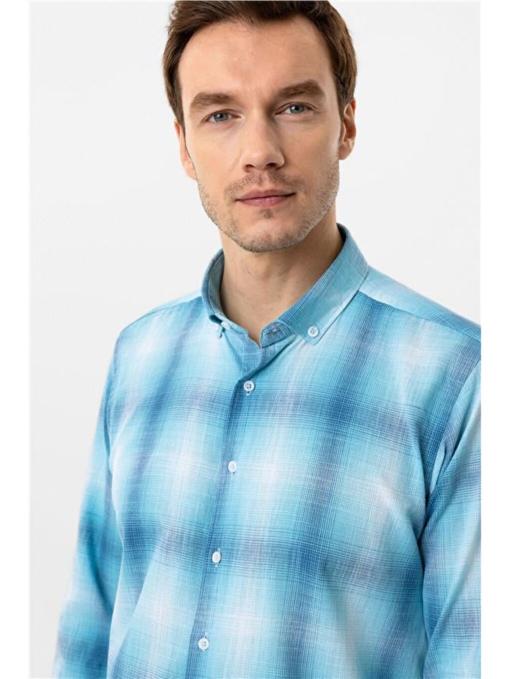 Turkuaz Slim Desenli Düğmeli Yaka Gömlek-4