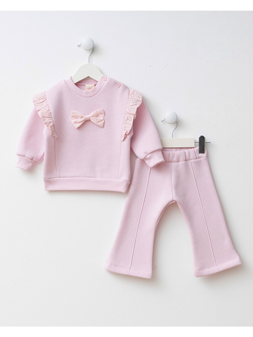 Kız Bebek Pamuklu Pembe Fiyonk Detaylı Sweatshirt İspanyol Paça Takım - Dantel Volanlı Tasarım