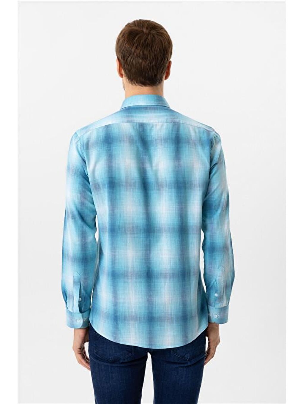 Turkuaz Slim Desenli Düğmeli Yaka Gömlek-5