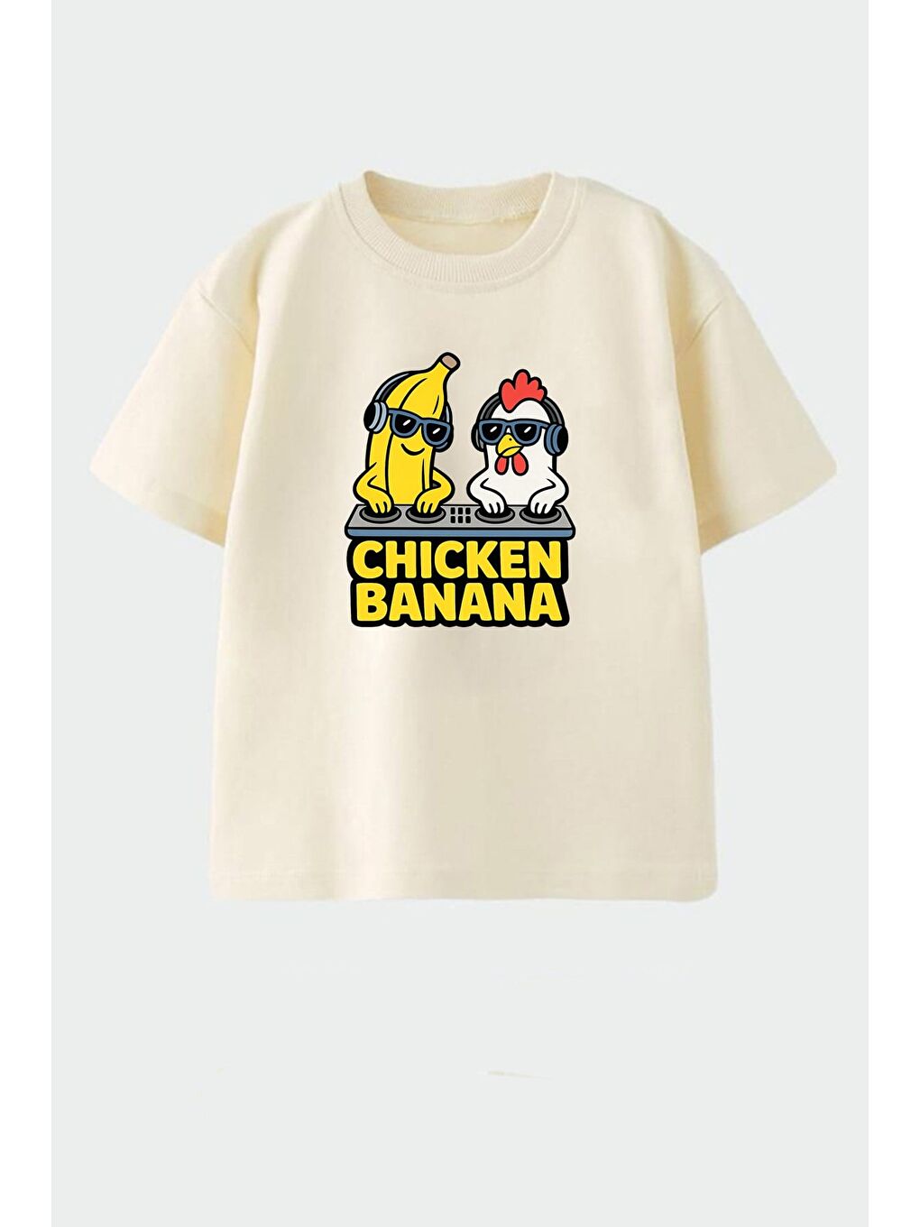 Bej Erkek Çocuk Pamuklu Bisiklet Yaka Baskılı T-Shirt