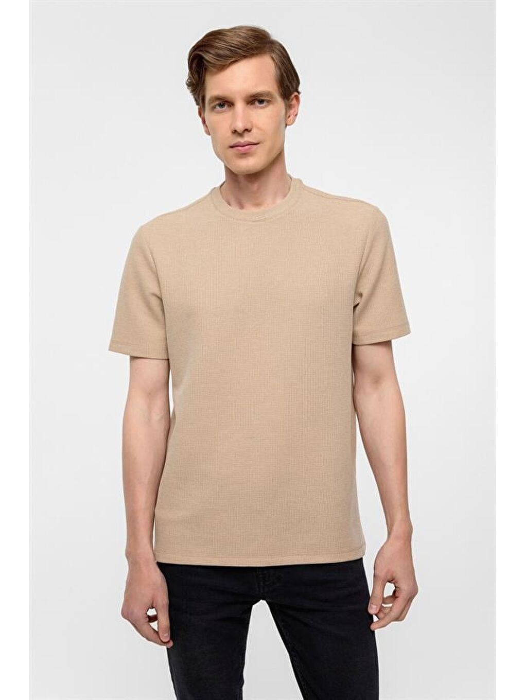 Kahverengi Kiremit Regular Armürlü Bisiklet Yaka Tişört-2