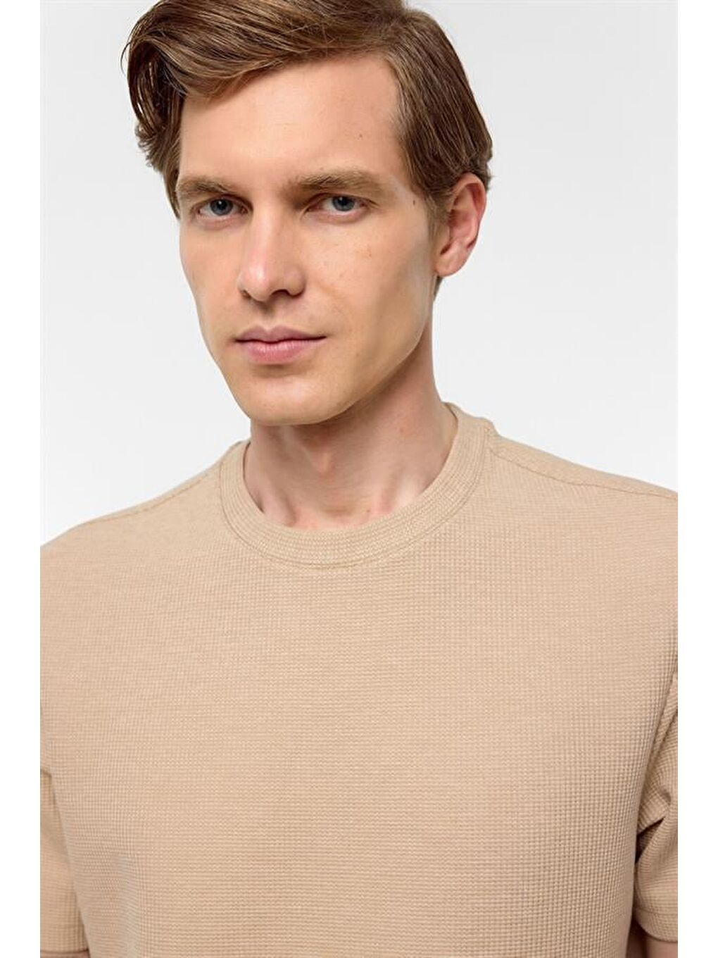 Kahverengi Kiremit Regular Armürlü Bisiklet Yaka Tişört-3