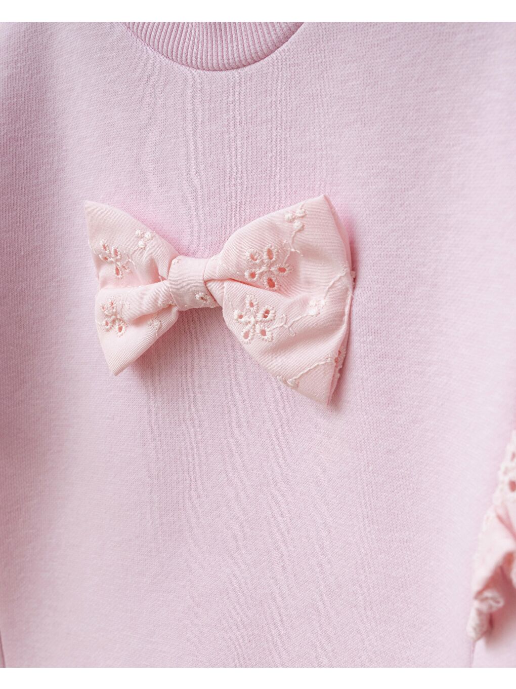 Kız Bebek Pamuklu Pembe Fiyonk Detaylı Sweatshirt İspanyol Paça Takım - Dantel Volanlı Tasarım-1