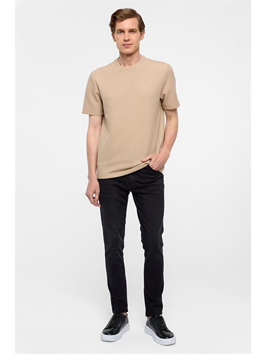 Kahverengi Kiremit Regular Armürlü Bisiklet Yaka Tişört-7