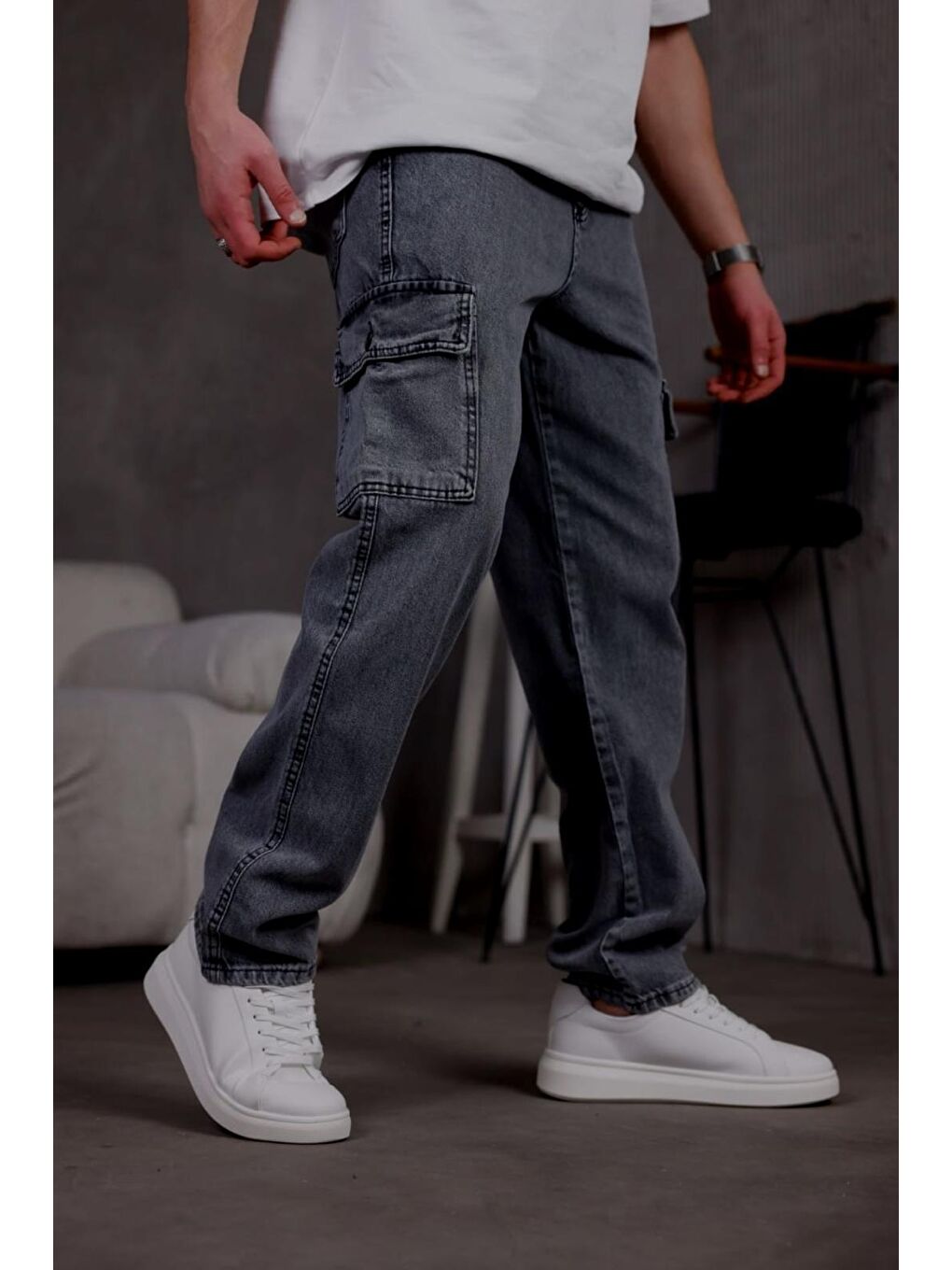 Gri Prf 011 Yıpratmalı Komando Baggy Fit Jean Kargo Pantolon