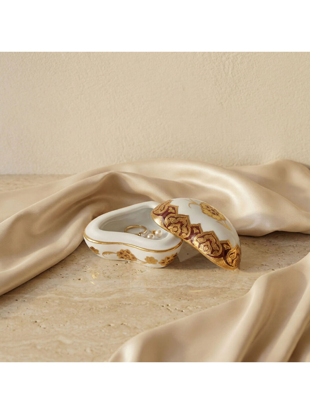 Ekru Kalp Şekilli El Dekoru Porselen Dekoratif Porselen Kutu 5 Cm-3