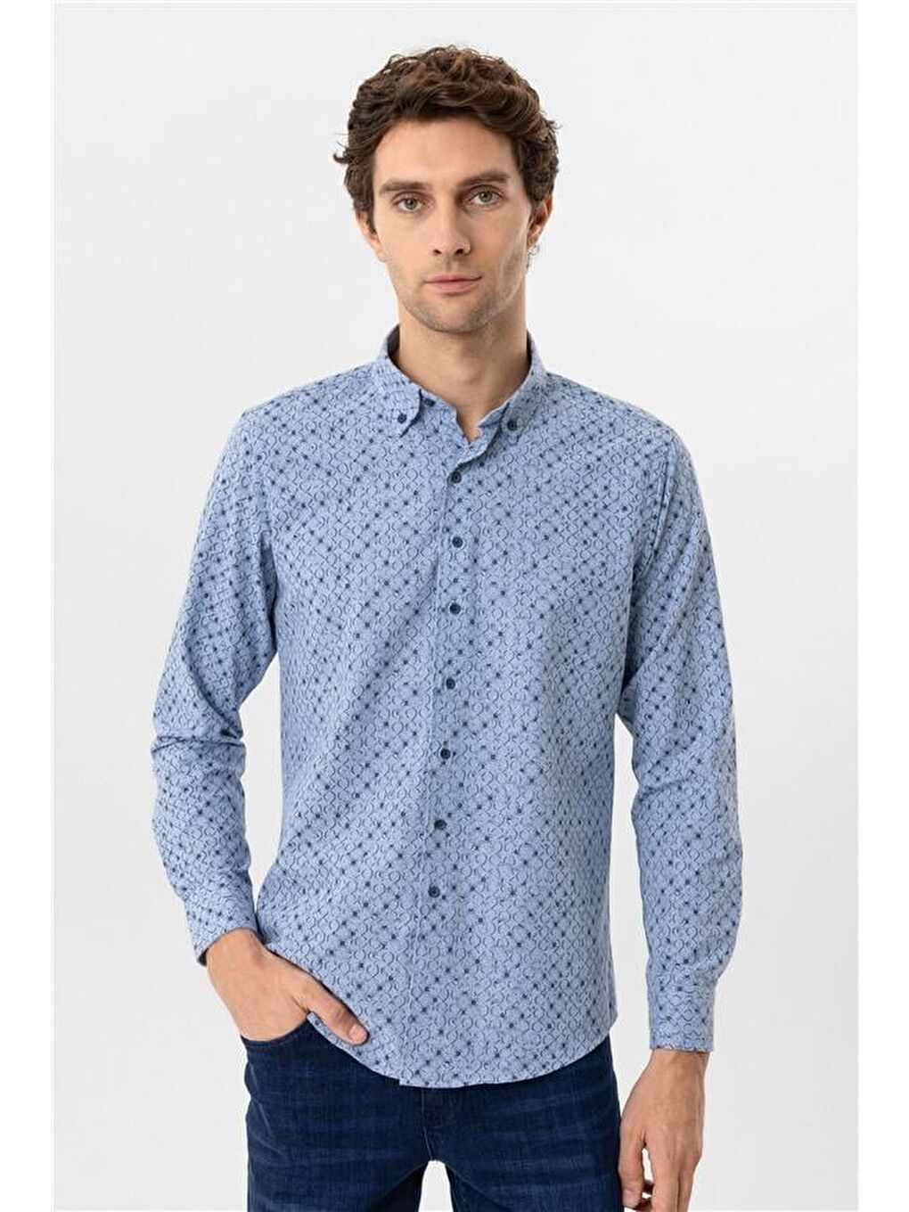 Mavi Slim Düz Düğmeli Yaka Gömlek-1