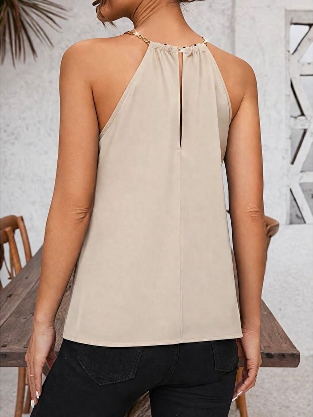 Bej Kadın Omuzlardan Açık Zincir Halka Detaylı Sandy Bluz-2