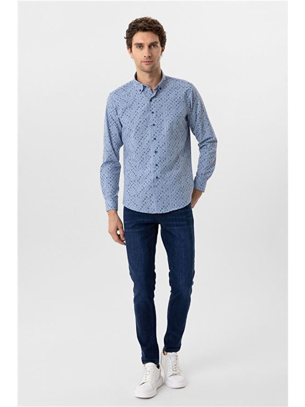 Mavi Slim Düz Düğmeli Yaka Gömlek-2