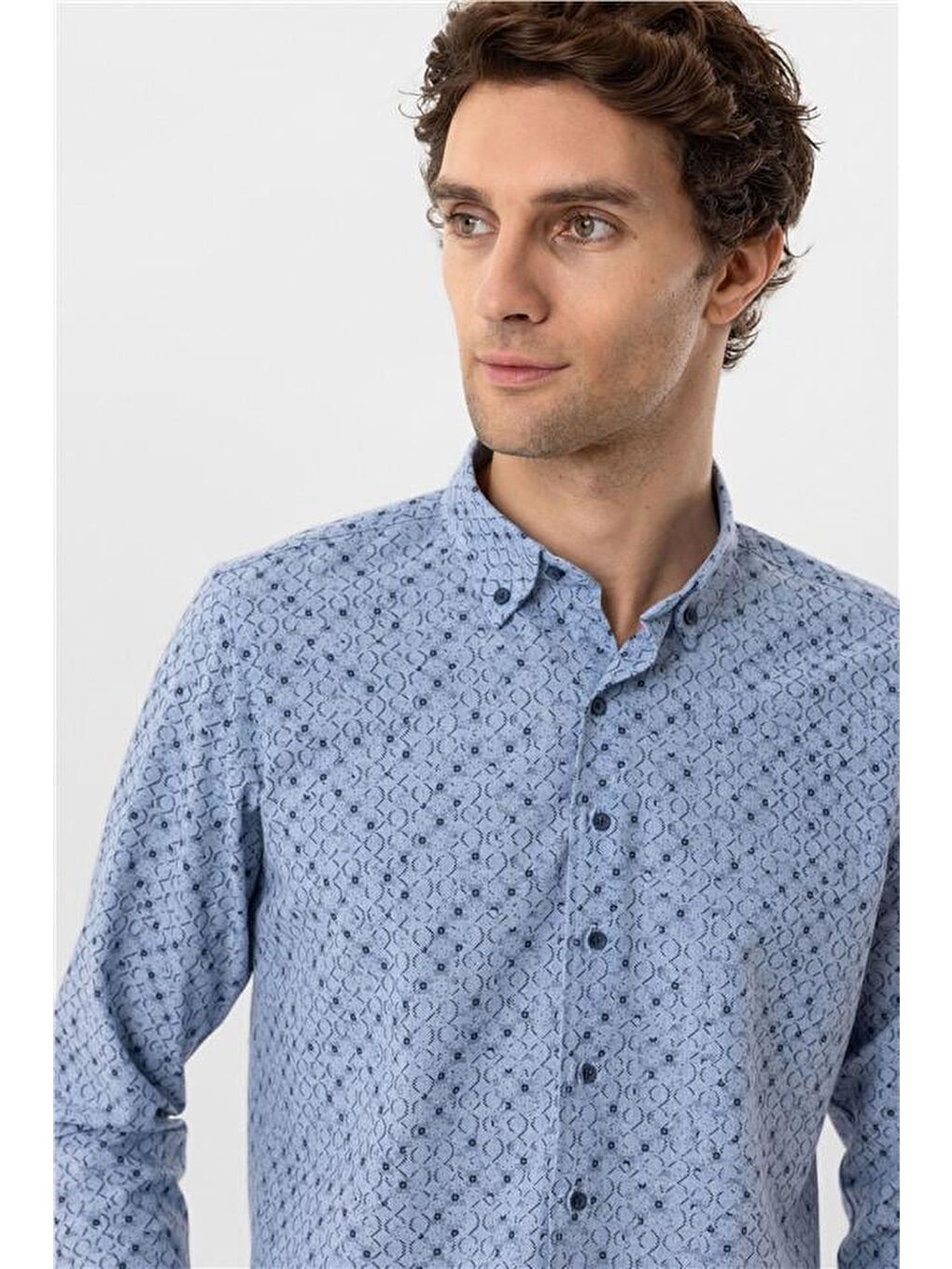 Mavi Slim Düz Düğmeli Yaka Gömlek-3