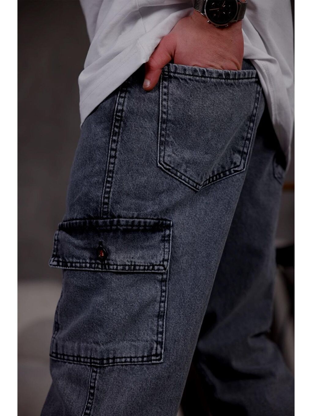 Gri Prf 011 Yıpratmalı Komando Baggy Fit Jean Kargo Pantolon-1