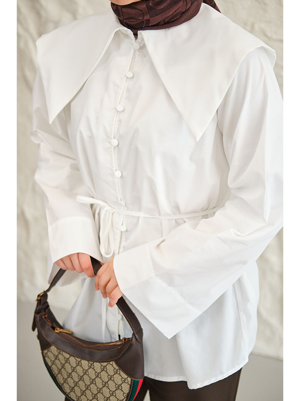 Kadın Gemici Yaka Bel Bağlamalı Gömlek Beyaz-4