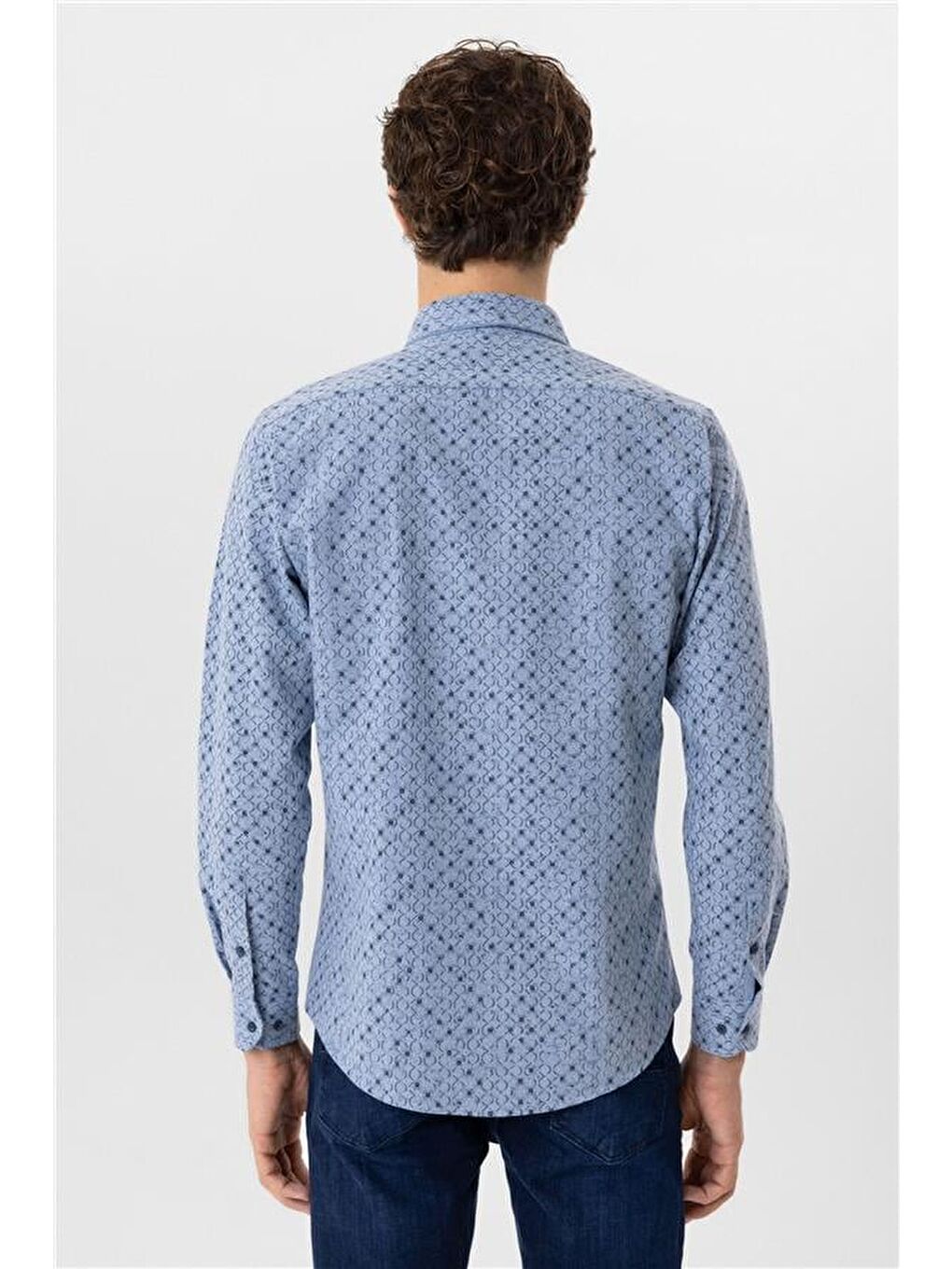 Mavi Slim Düz Düğmeli Yaka Gömlek-4