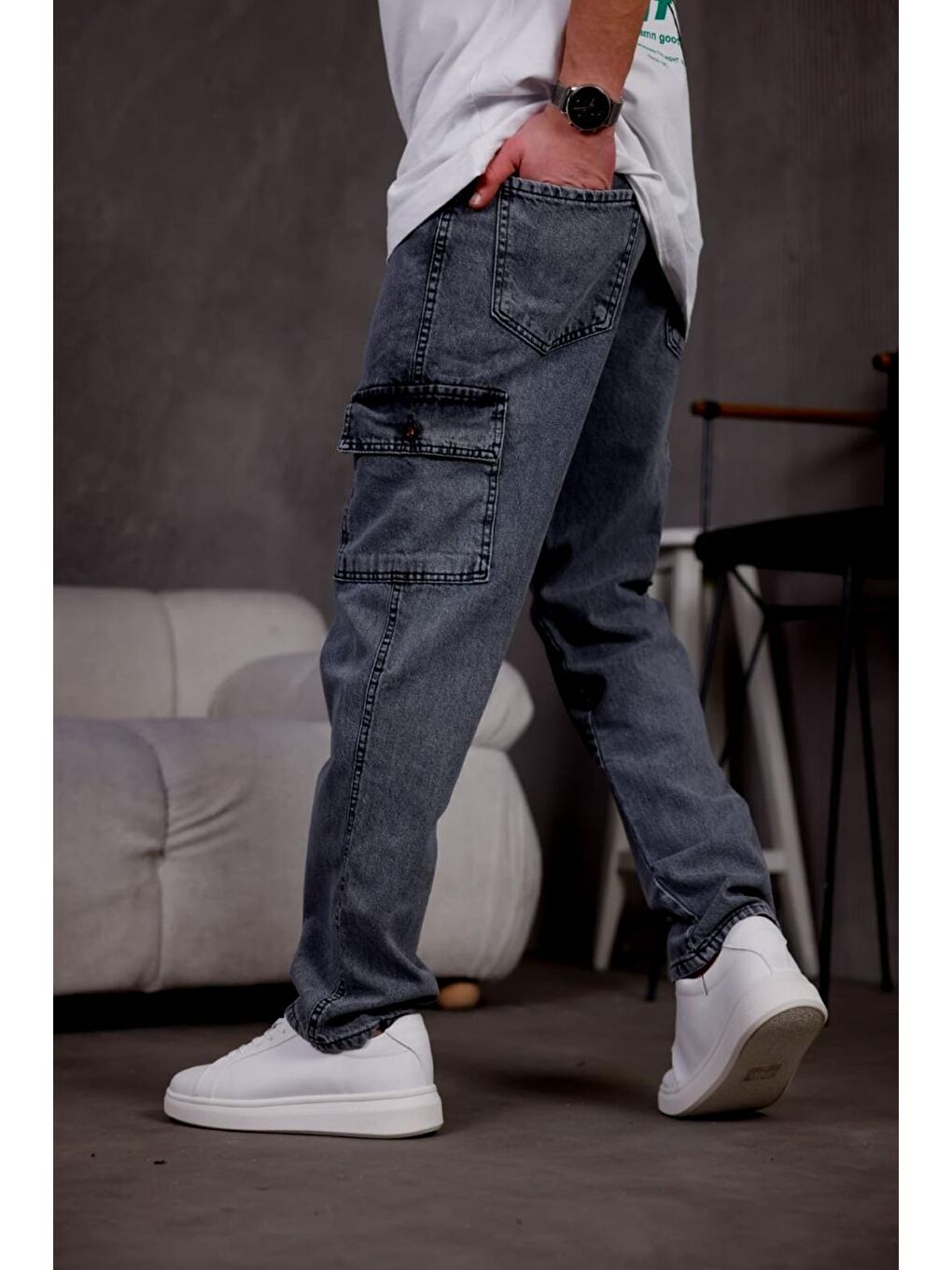 Gri Prf 011 Yıpratmalı Komando Baggy Fit Jean Kargo Pantolon-2